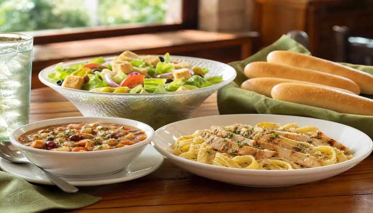 Olive Garden lunch menu with soup, salad, breadsticks, and lunch-sized entrées