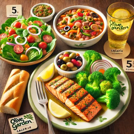 Olive Garden Calories Menu - Low calorie dishes from Olive Garden, including Herb-Grilled Salmon with broccoli, a fresh House Salad and Minestrone Soup